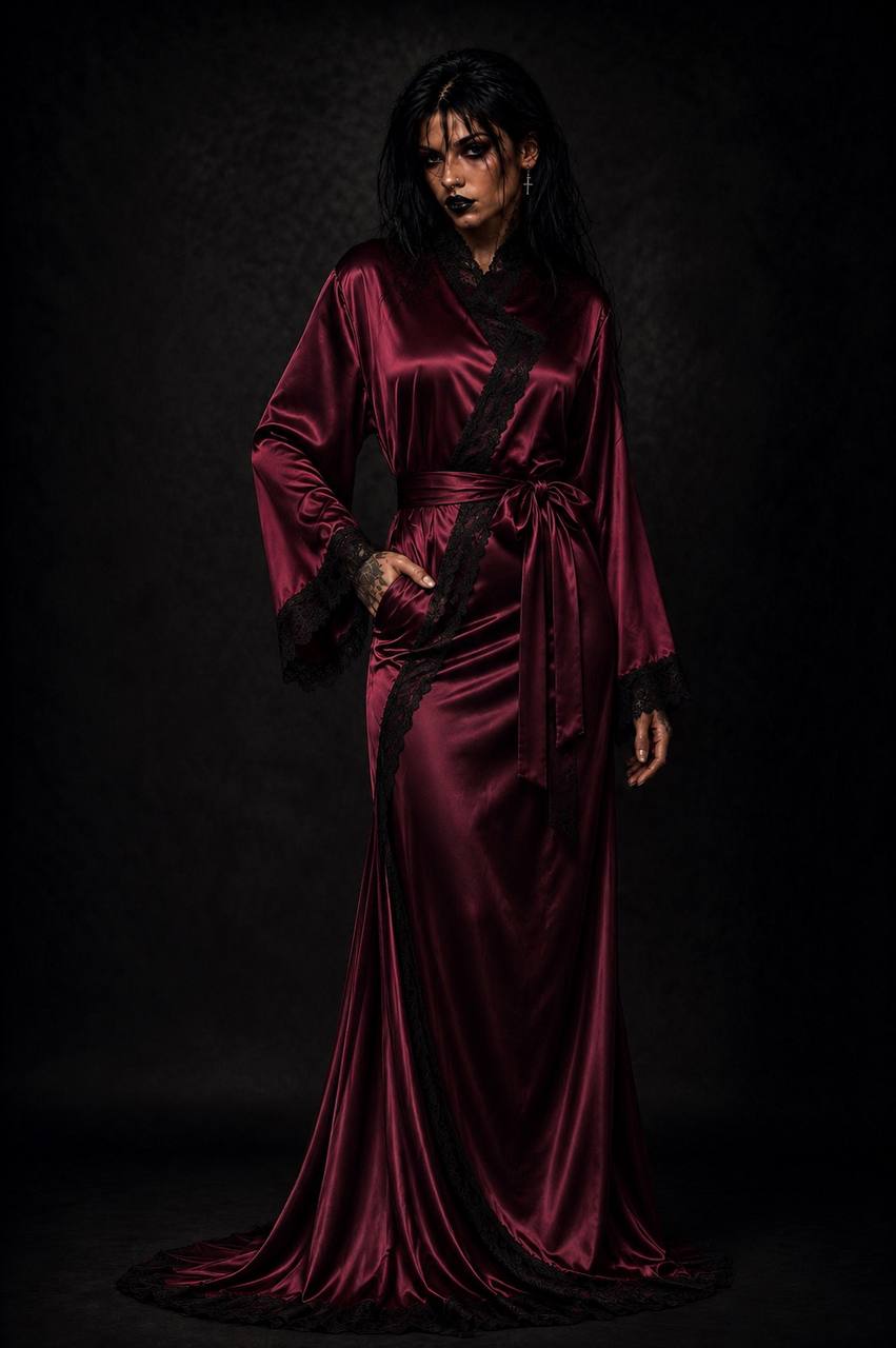 Kurced burgundy satin robe