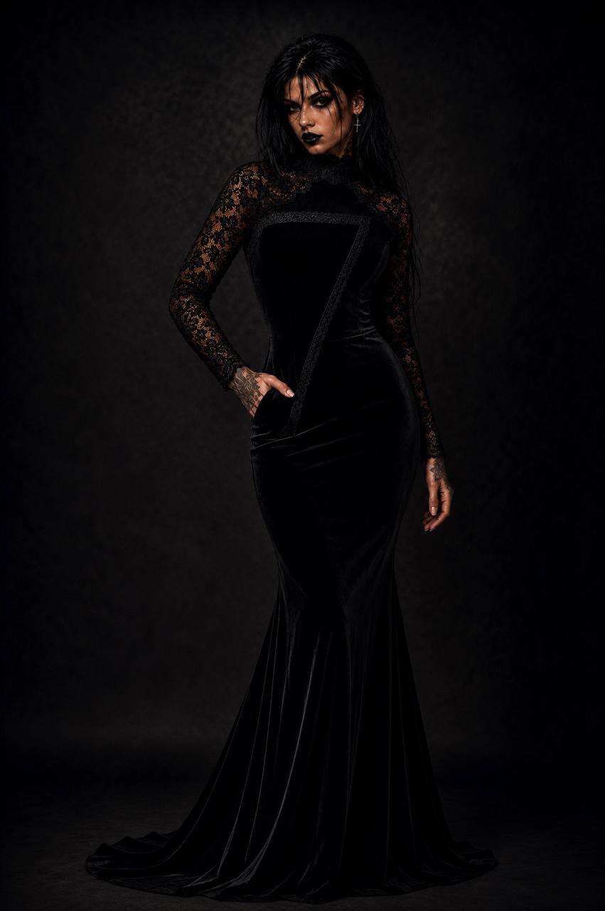 Kurced black velvet gown