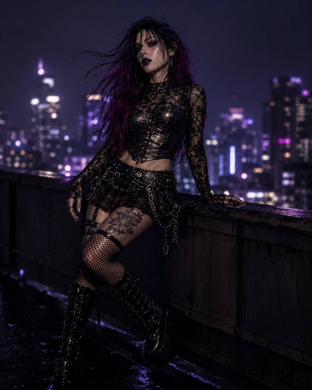 Kurced on a rain-soaked rooftop overlooking a violet city skyline at night